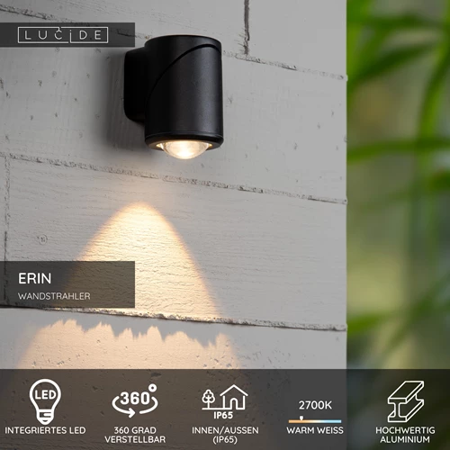 Lucide ERIN - Wandstrahler / Wandleuchte Innen/Außen - LED - 1x5W 2700K - IP65 - Schwarz - USP